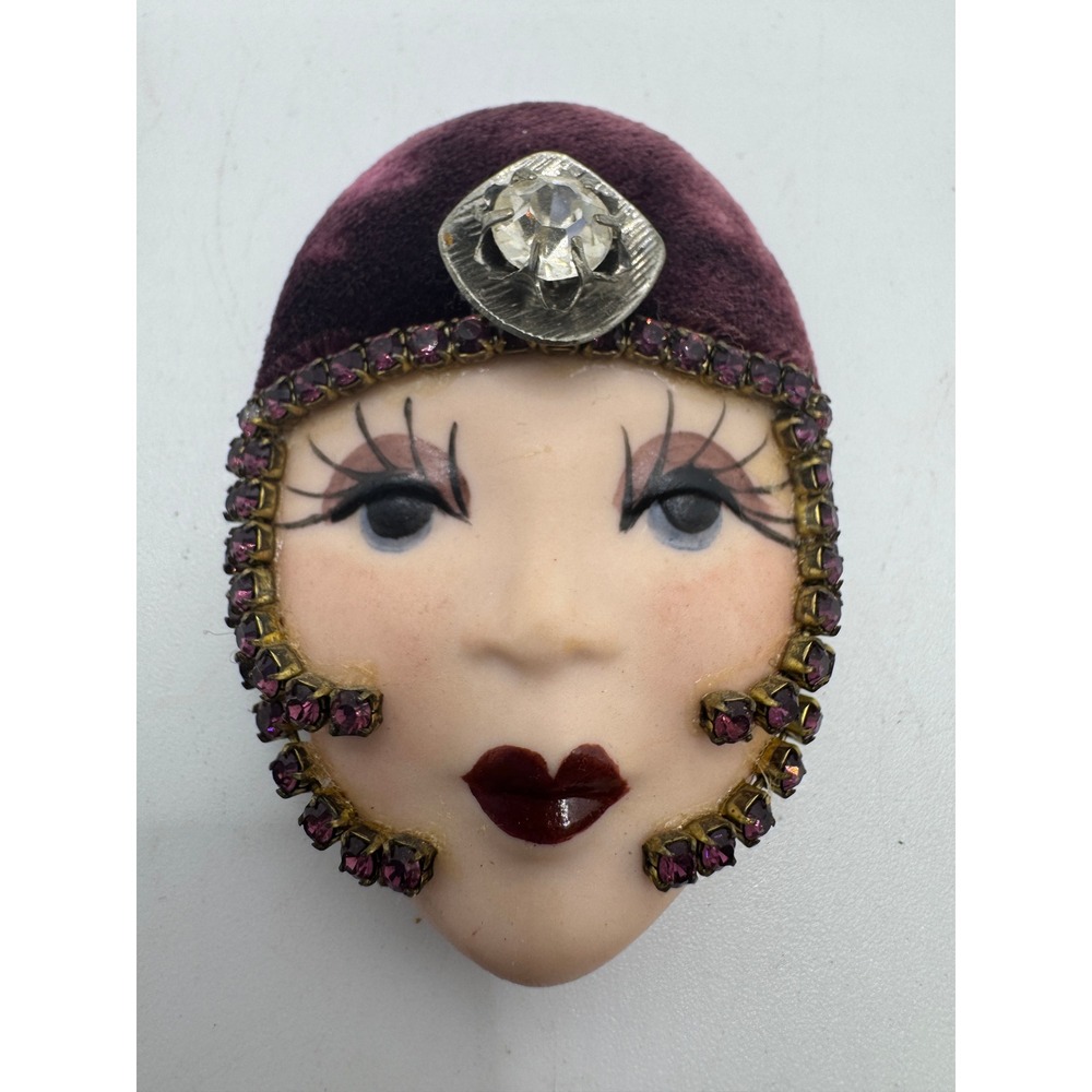 Vintage Hand Painted Ceramic Flapper Girl Face Brooch Purple Velvet Art Deco
